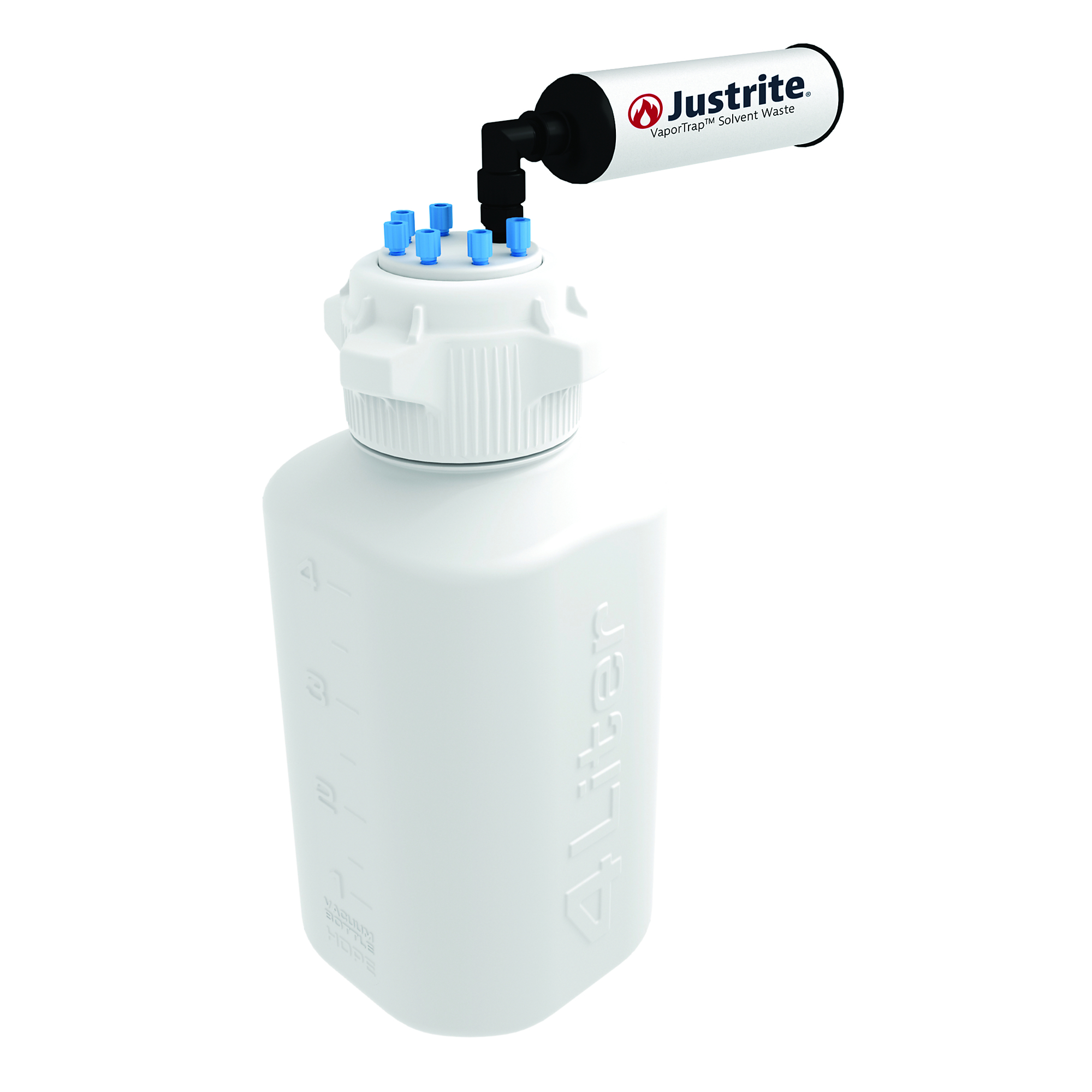 Justrite HDPE Carboy with Filter Kit — 4 Liters, VaporTrap, 6 Ports, 83mm Cap, 1/8in. Tubing, Model# 12800